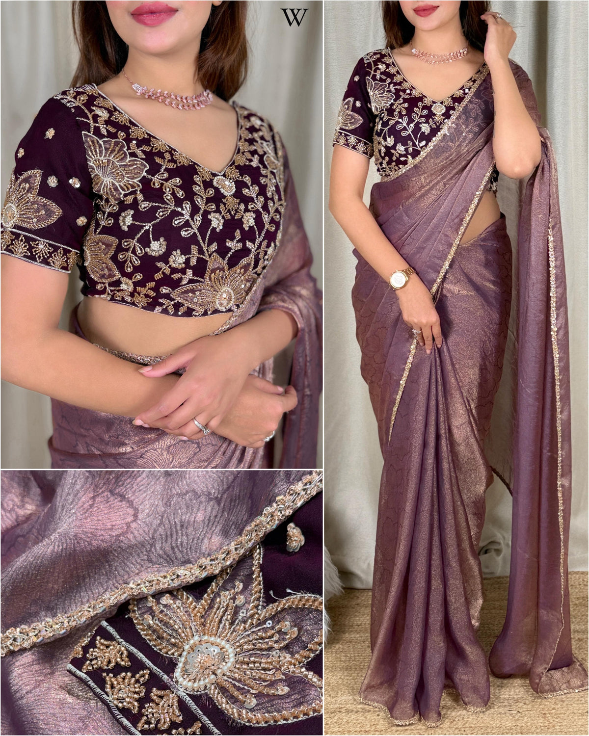 Dusty mauve Fandy satin jacquard saree with beads lace border, styled with a deep plum floral beaded applique blouse with V neckline and short sleeves.