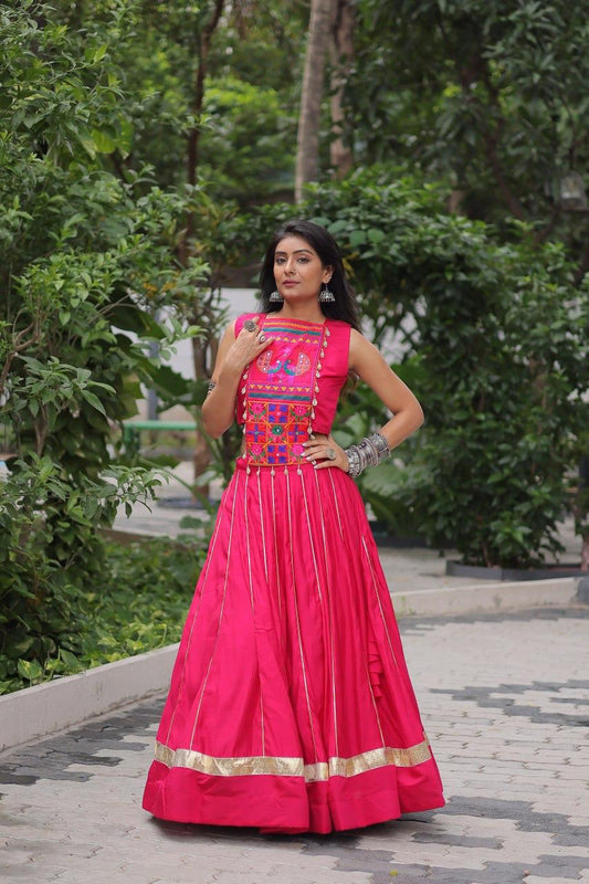Rani Pink Kutchi Gamthi Embroidered Lehenga with Top - Western Wear - front view | Nardev Fashions