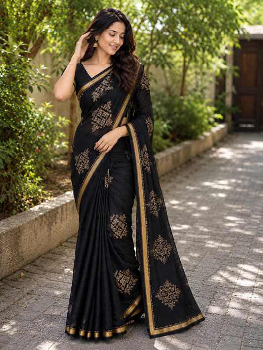 Black Samruddhi Kolam handloom saree with gold zari border, front, side and back views