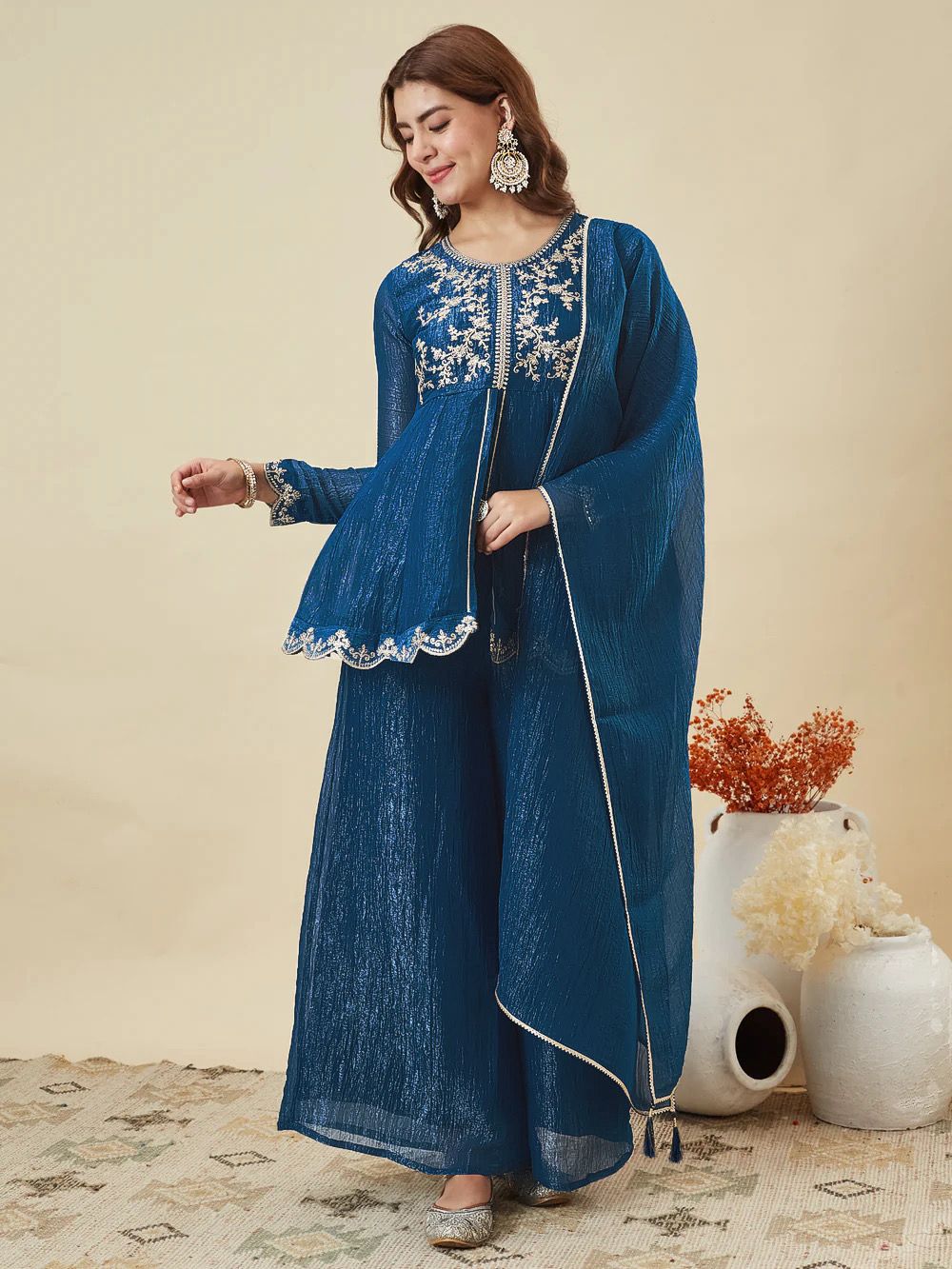 Teal Blue Crunchy Silk Kurta Palazzo Set - studio full length front standing model view showing complete set with A-line empire waist kurta, white thread floral yoke embroidery, scalloped white gold sequence lace hem, wide-leg palazzo and matching dupatta with pearl lace border and teal blue corner tassels