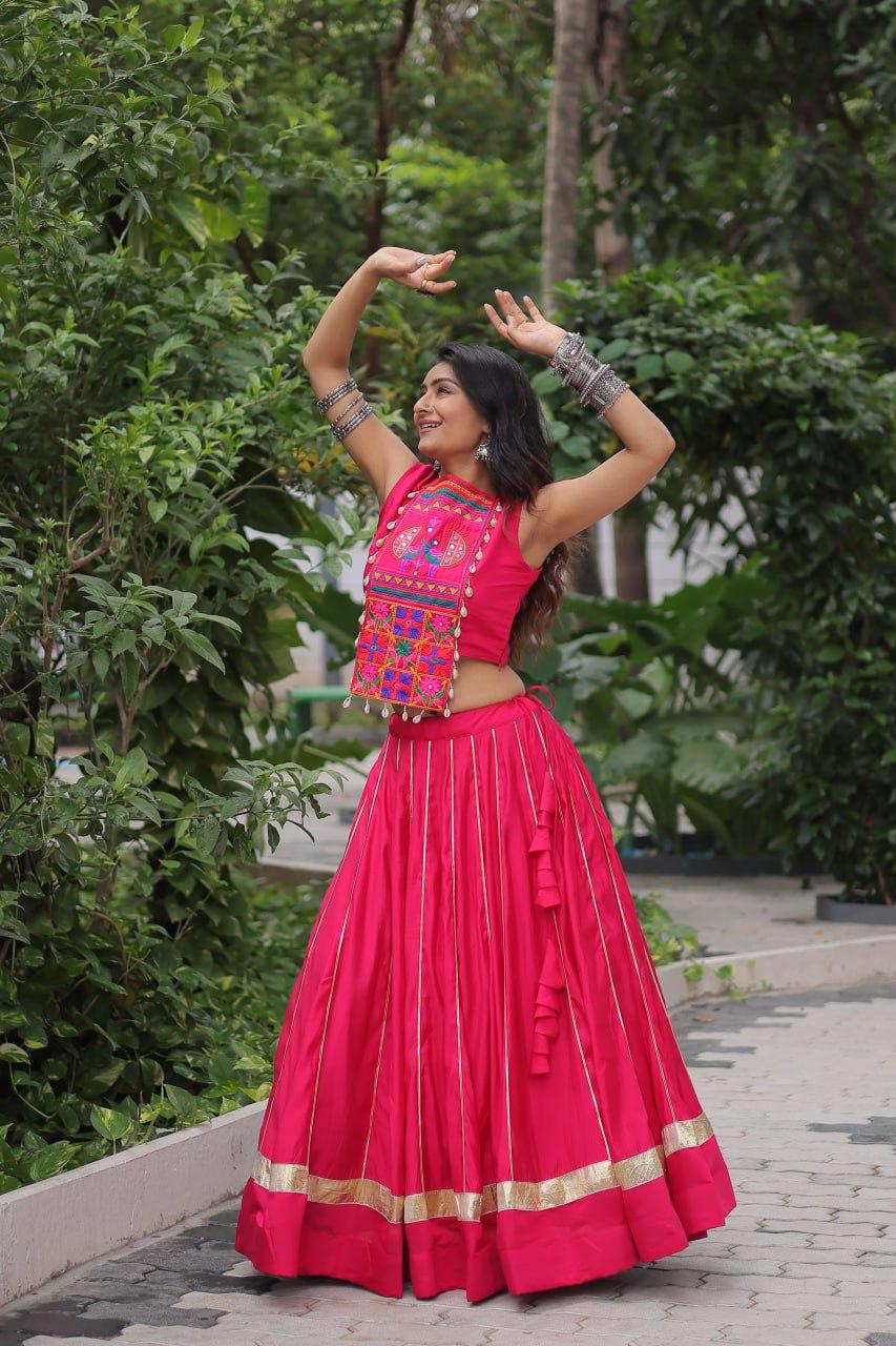Rani Pink Kutchi Gamthi Embroidered Lehenga with Top - Western Wear - back view | Nardev Fashions