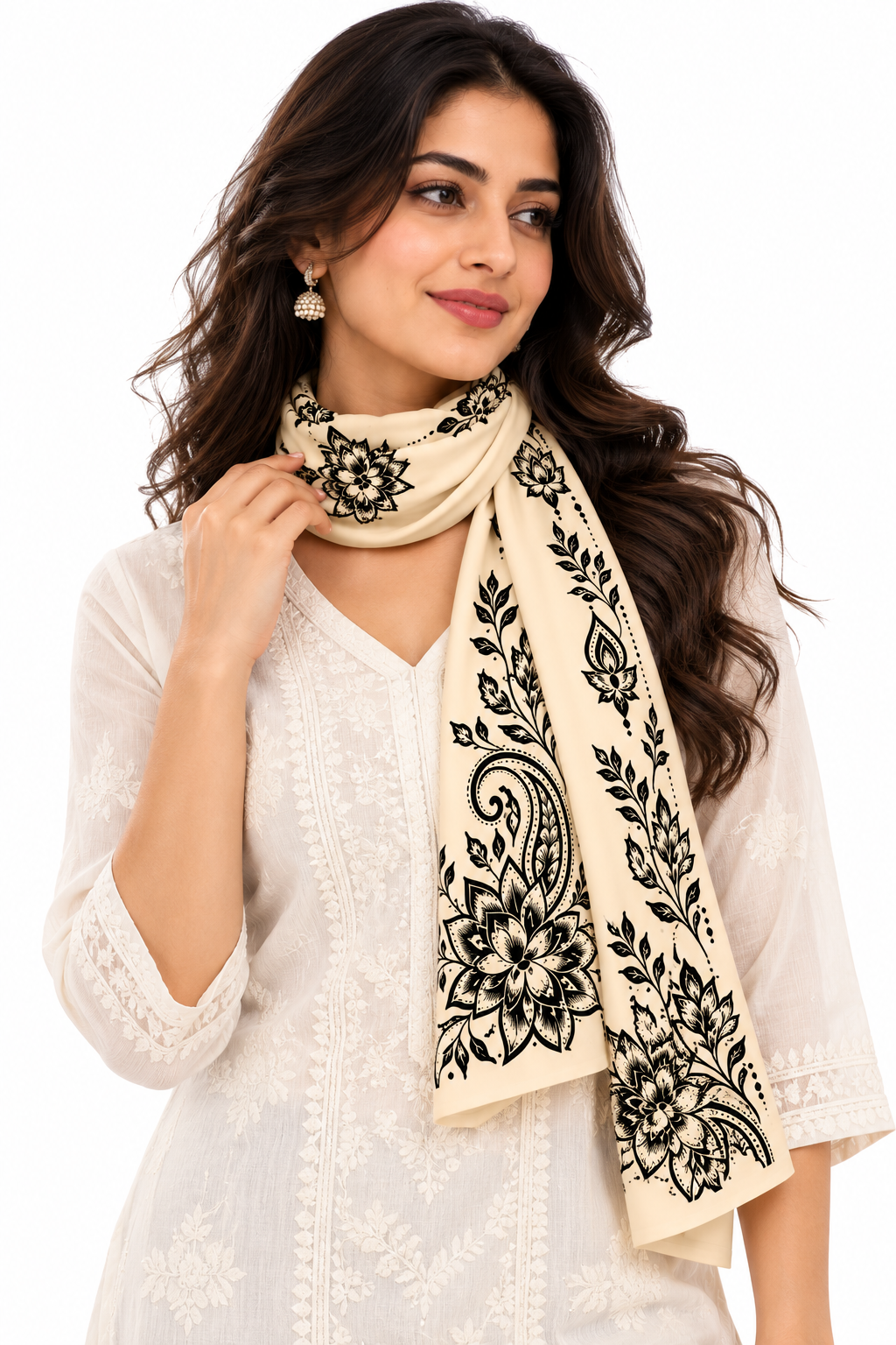 Elegant Beige Polywoven Satin Stole with Intricate Floral Paisley Mural Art Print