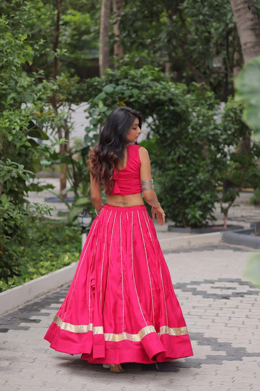 Rani Pink Kutchi Gamthi Embroidered Lehenga with Top - Western Wear - close-up detail view | Nardev Fashions