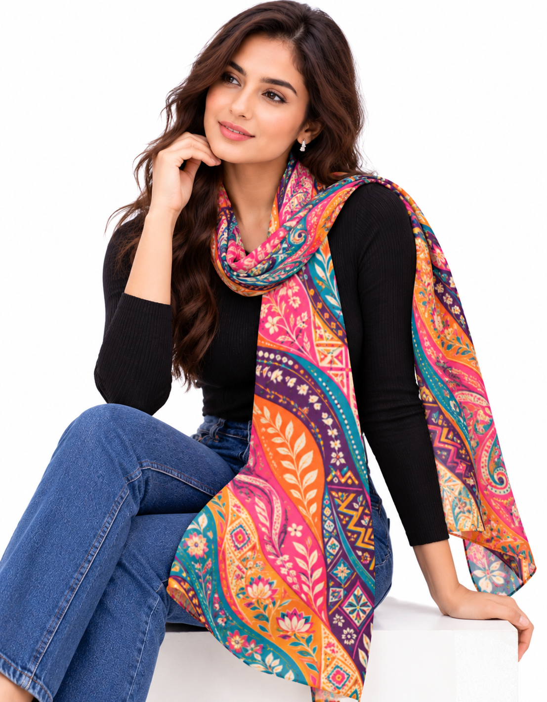 Women's Multicolour Indian Paisley & Folk-Art-Inspired Soft Printed Stole