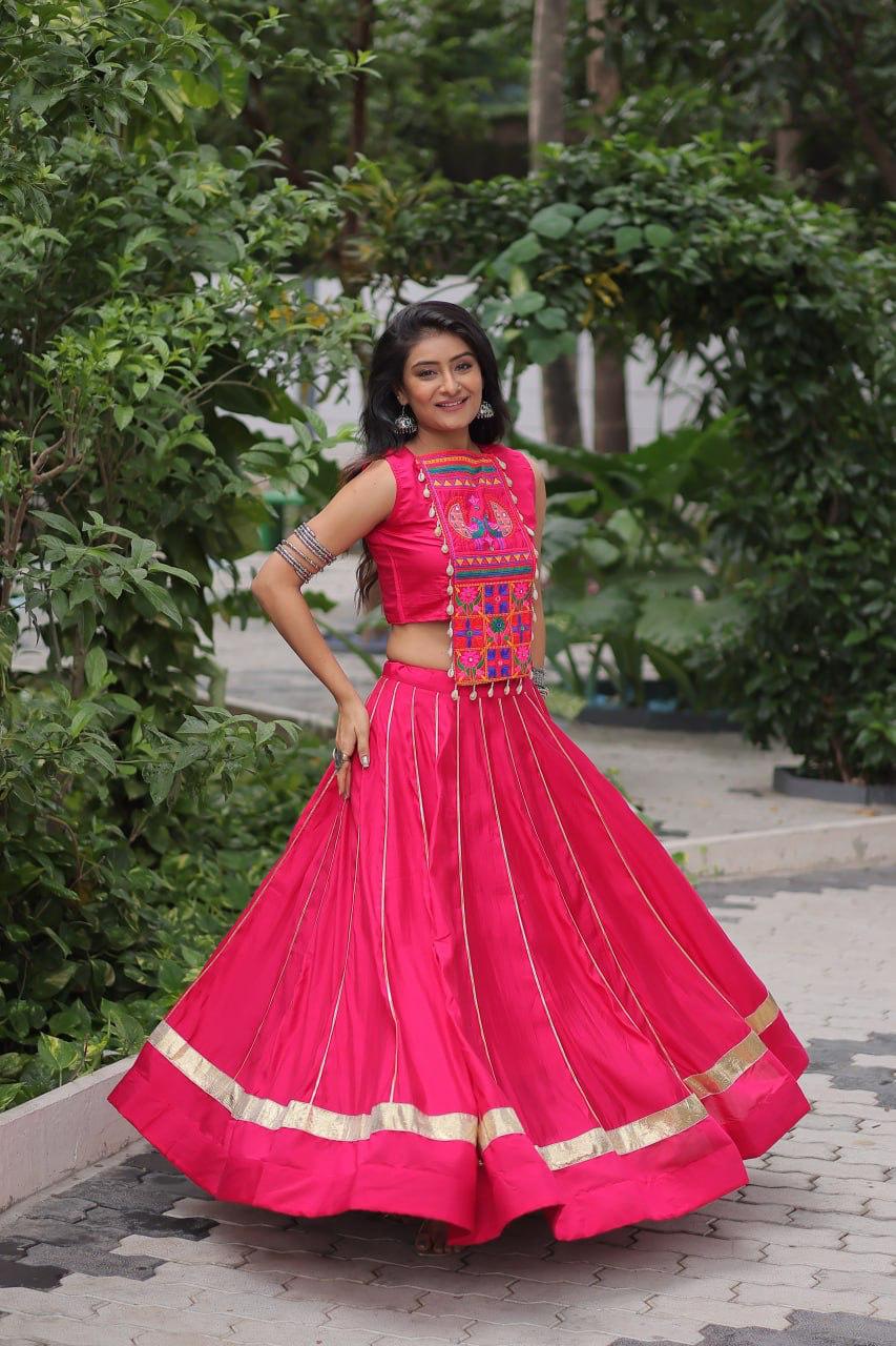 Rani Pink Kutchi Gamthi Embroidered Lehenga with Top - Western Wear - styled full look | Nardev Fashions