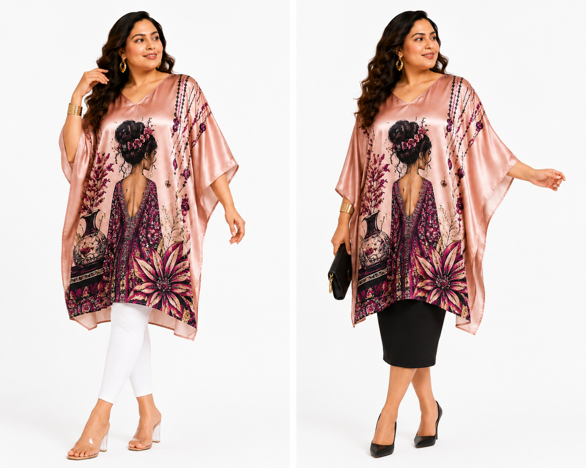Rose Pink Bohemian Art Kaftan Dress for Women – Plus Size - Western Wear - side view | Qikink