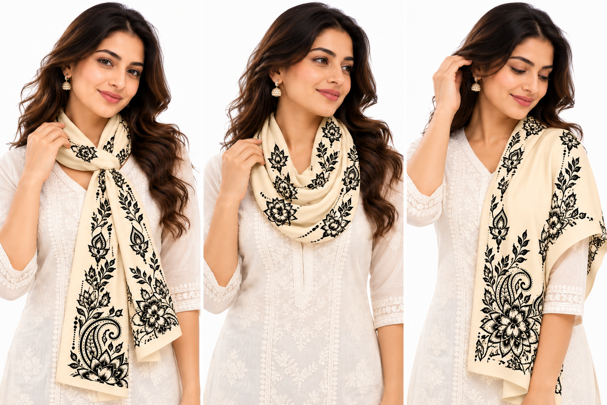 Elegant Beige Polywoven Satin Stole with Intricate Floral Paisley Mural Art Print