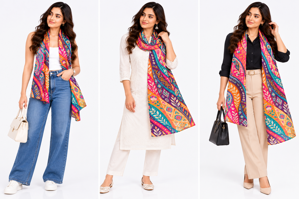 Women's Multicolour Indian Paisley & Folk-Art-Inspired Soft Printed Stole