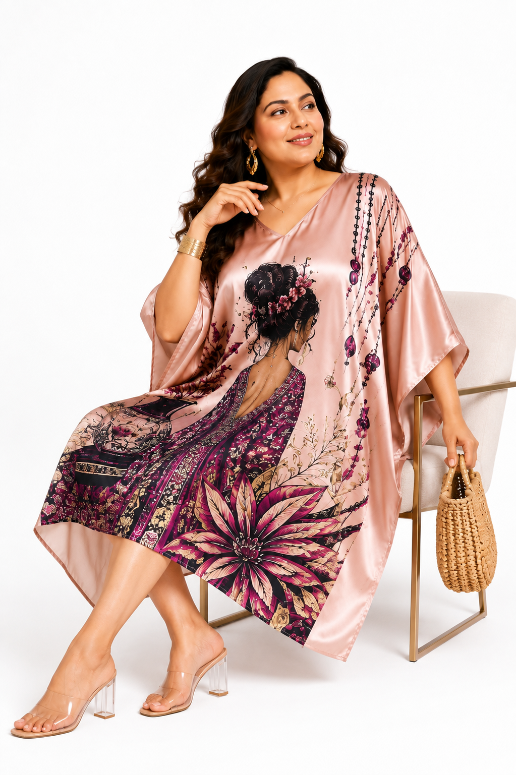 Rose Pink Bohemian Art Kaftan Dress for Women – Plus Size - Western Wear - close-up detail view | Qikink