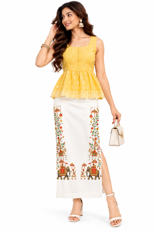 Rajasthani Folk Art Printed Long Pencil Skirt for Women – Ivory Ethnic Statement Skirt