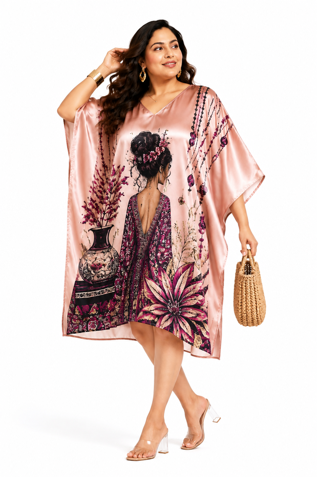 Rose Pink Bohemian Art Kaftan Dress for Women – Plus Size - Western Wear - styled full look | Qikink