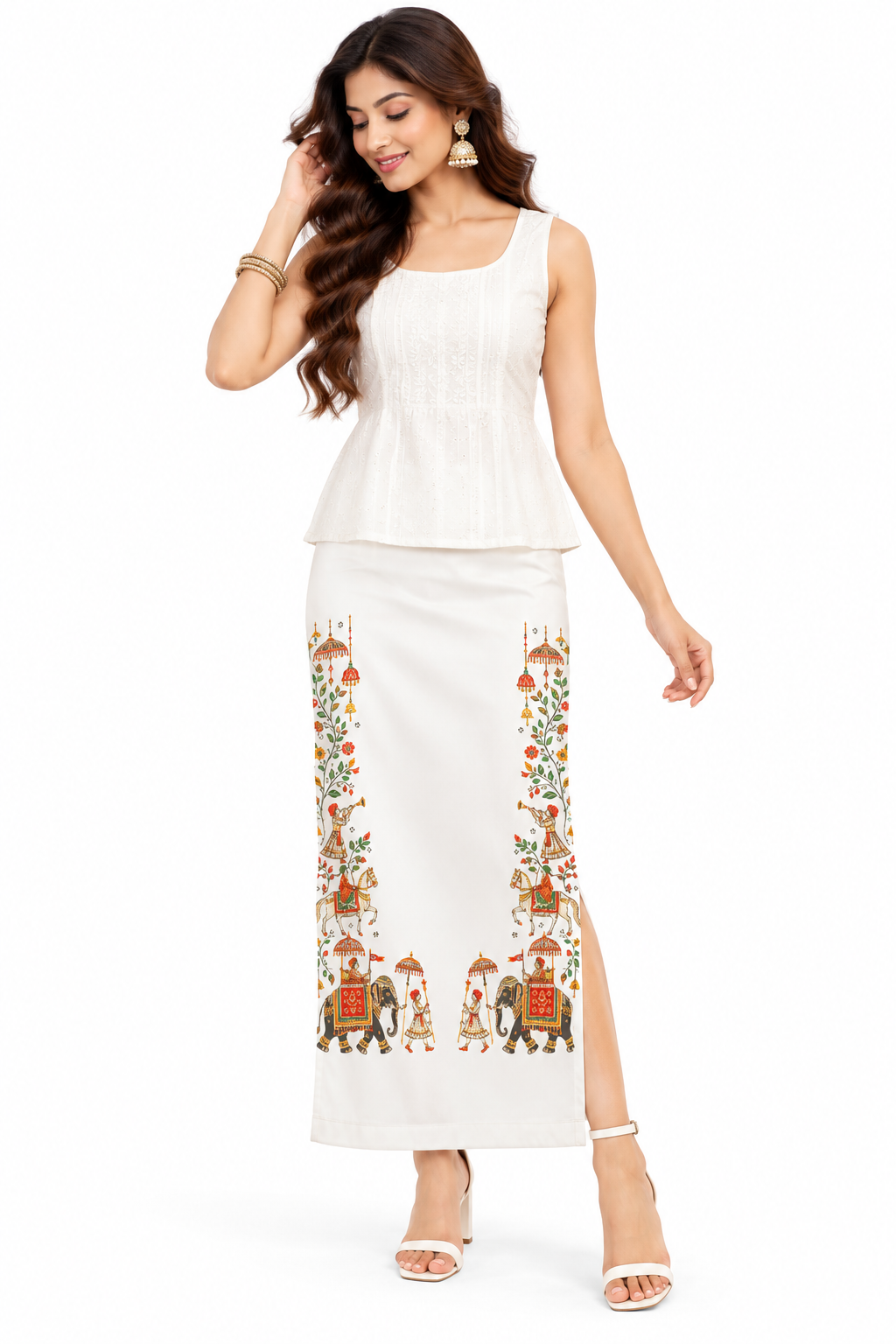 Rajasthani Folk Art Printed Long Pencil Skirt for Women – Ivory Ethnic Statement Skirt
