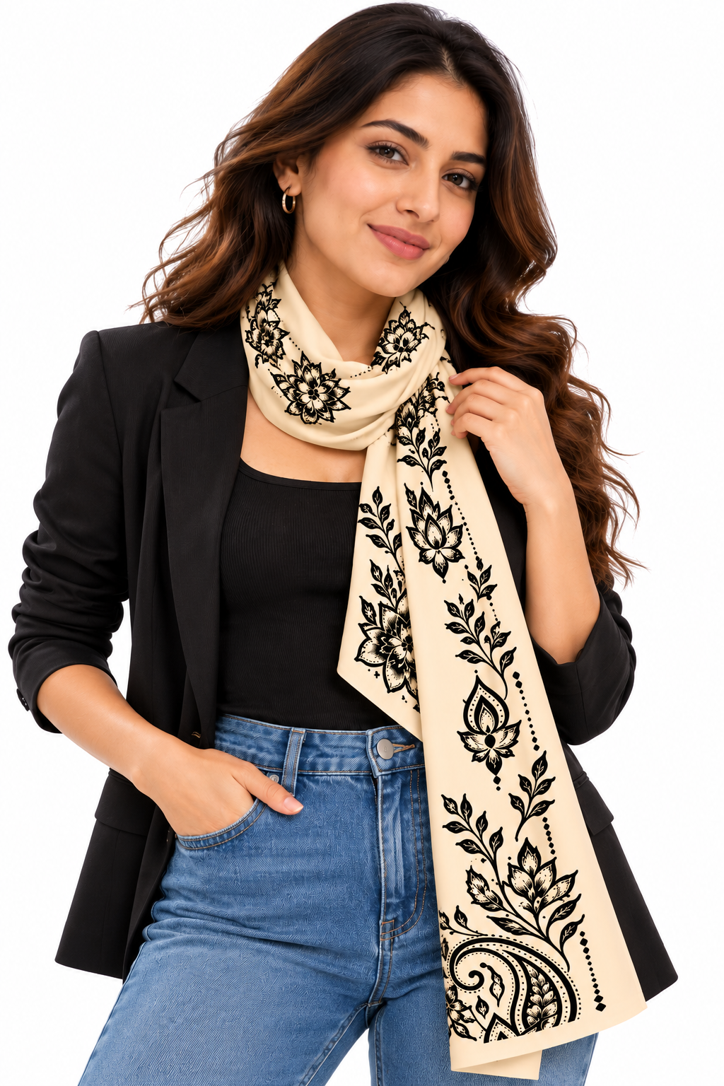 Elegant Beige Polywoven Satin Stole with Intricate Floral Paisley Mural Art Print