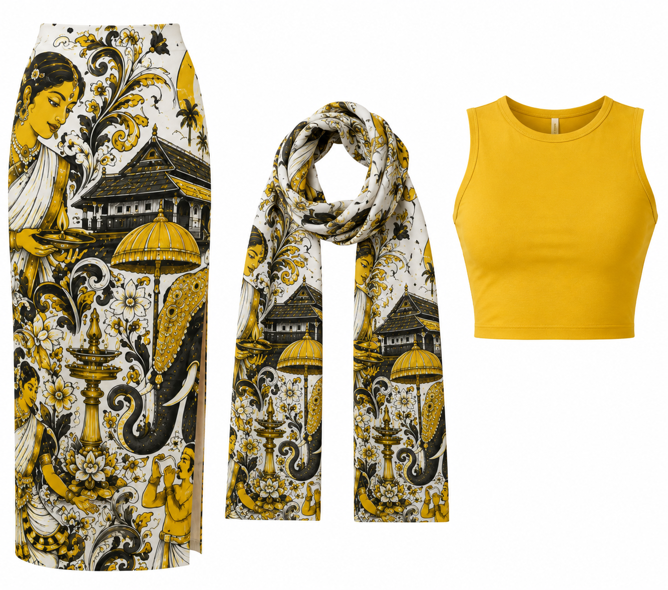 Kerala Onam Mural Art 3-Piece Skirt Set for Women - Western Wear - close-up detail view | Qikink