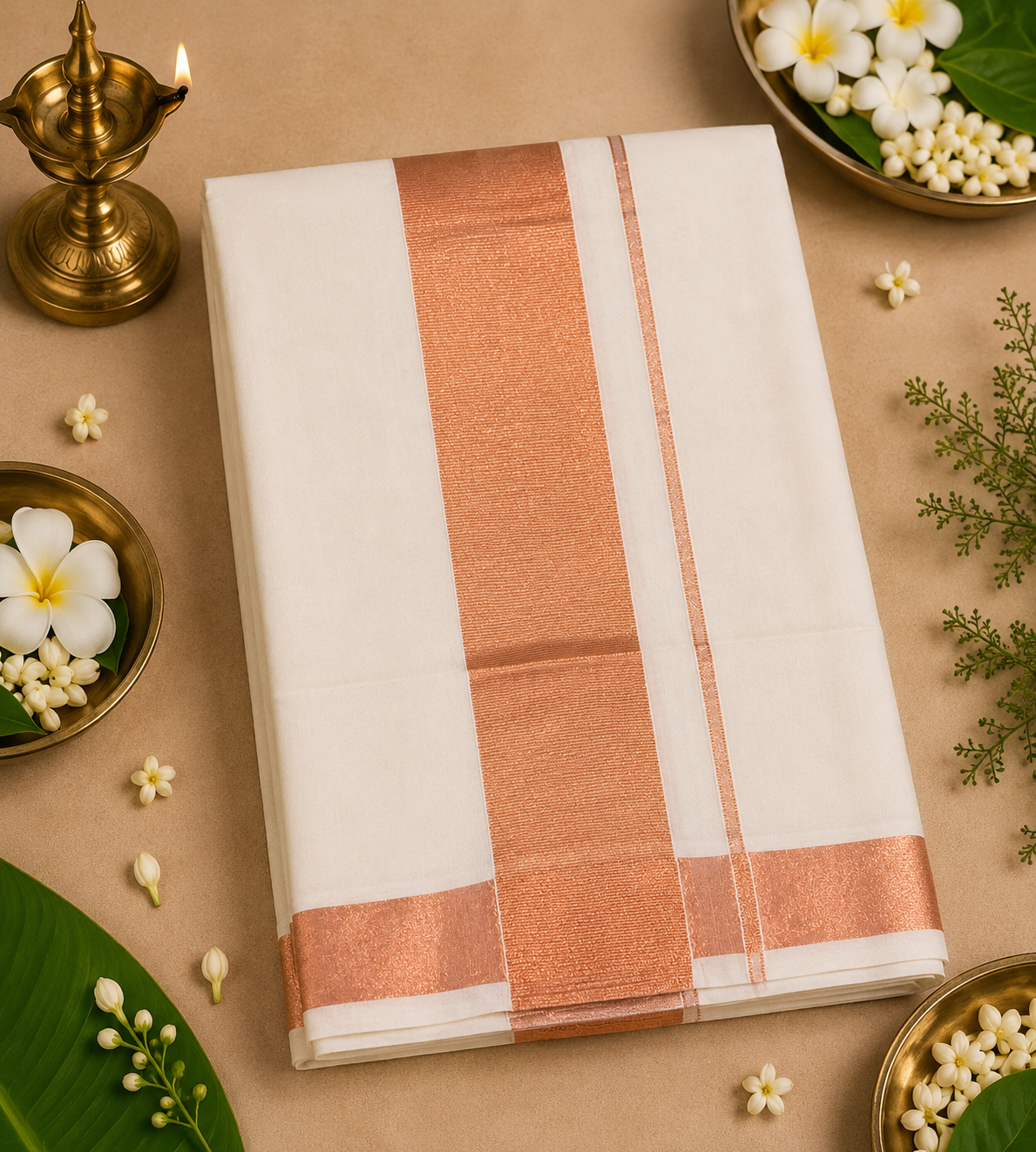 Pure Kerala Kasavu Handwoven Cotton Saree – Off-White & Copper - styled full look | Chindak Textiles