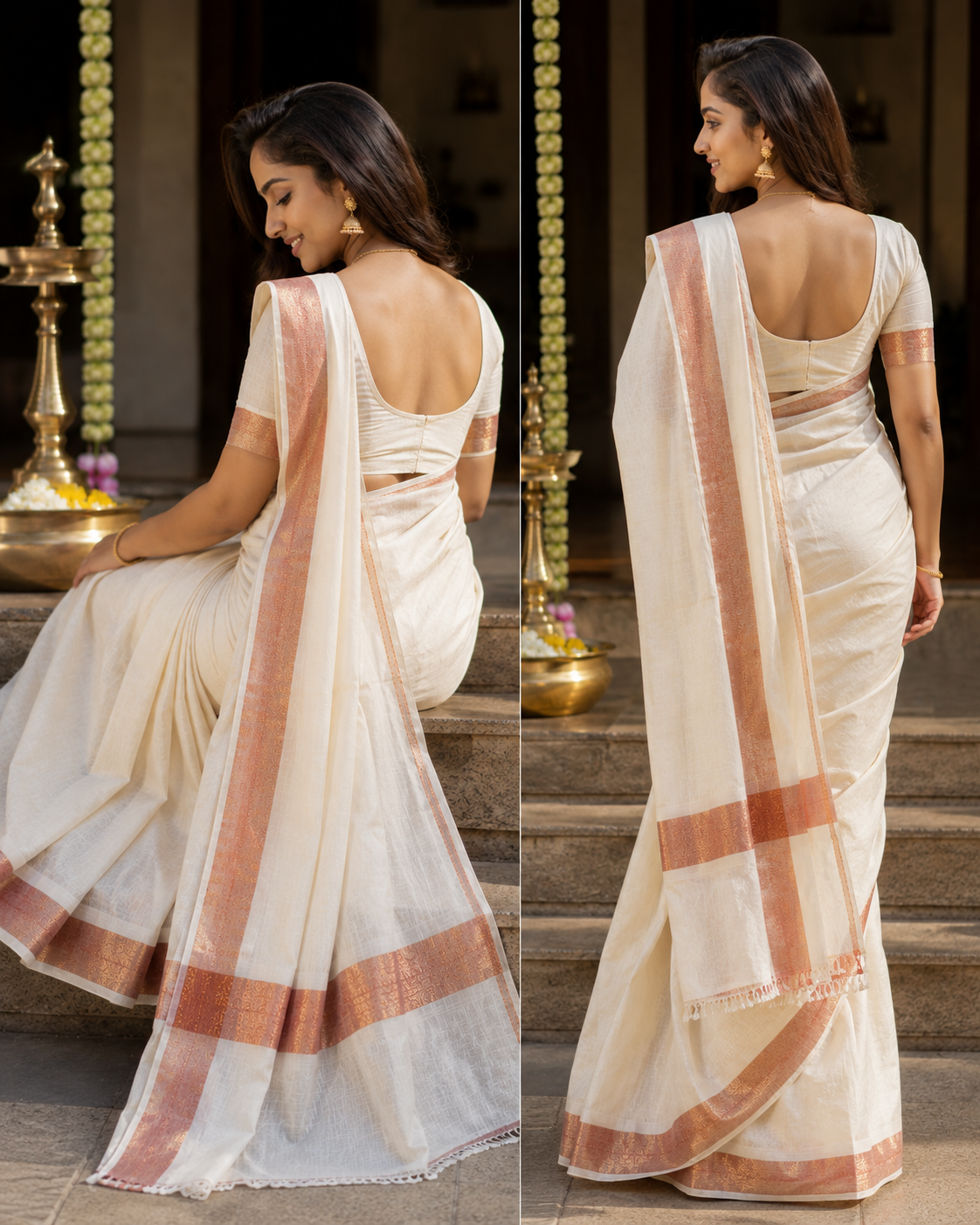 Pure Kerala Kasavu Handwoven Cotton Saree – Off-White & Copper - back view | Chindak Textiles