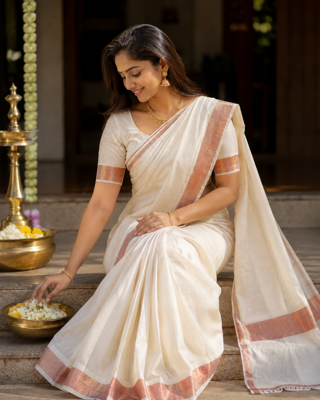 Pure Kerala Kasavu Handwoven Cotton Saree – Off-White & Copper - close-up detail view | Chindak Textiles