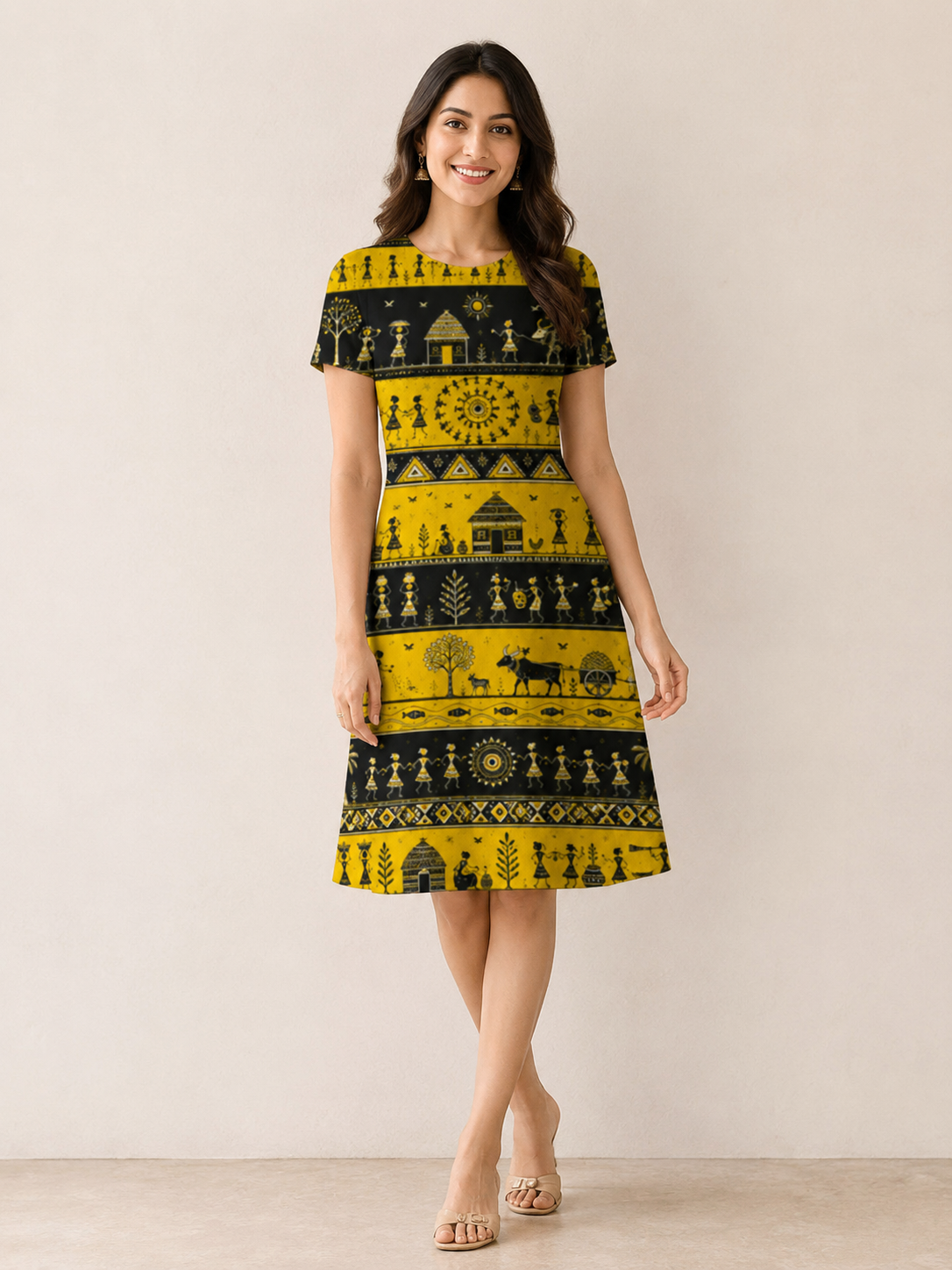 Yellow Warli Art Printed Dress for Women - Western Wear - front view | Qikink