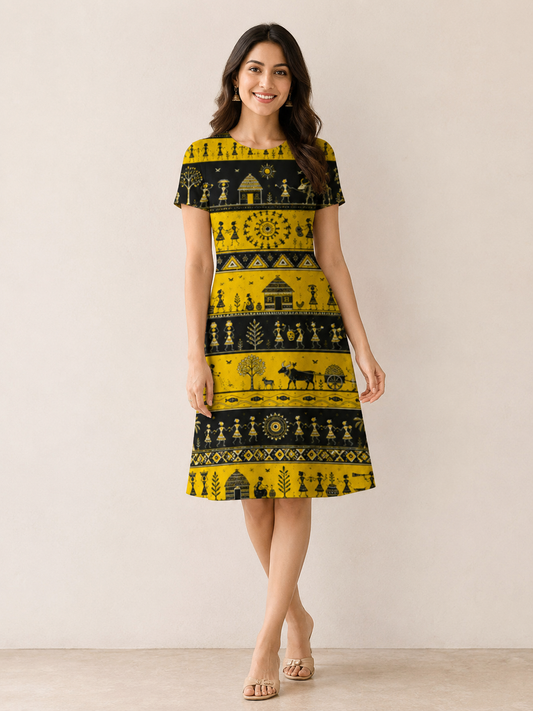 Yellow Warli Art Printed Dress for Women - Western Wear - front view | Qikink