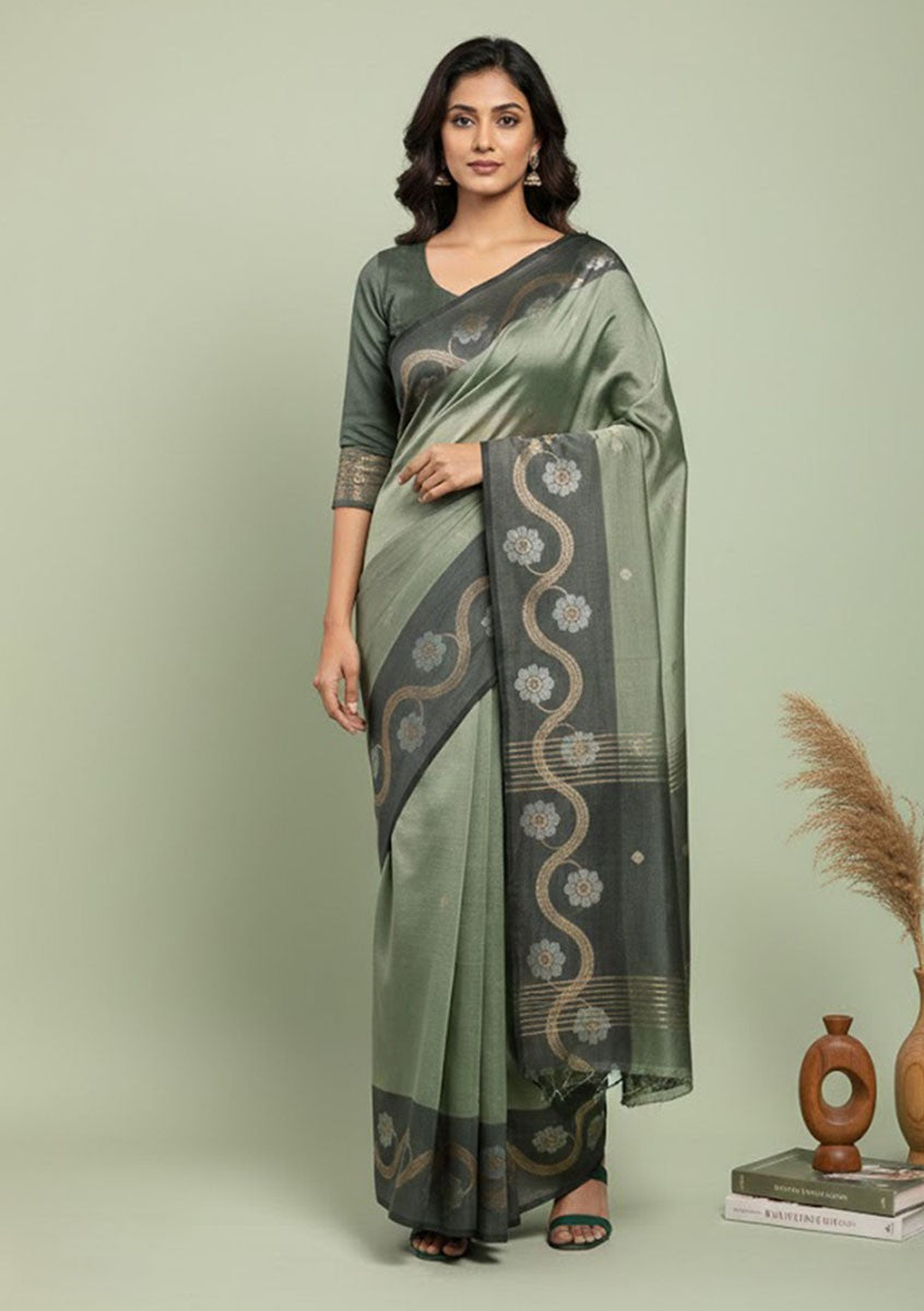 Sage Green Katan Silk Zari Wave Designer Banarasi Saree - Sarees - front view | Weave365