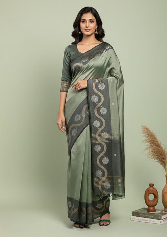 Sage Green Katan Silk Zari Wave Designer Banarasi Saree - Sarees - front view | Weave365