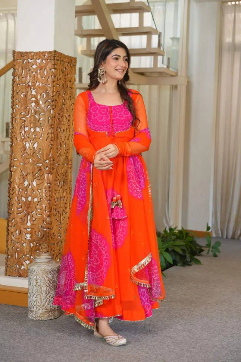 Orange & Hot Pink Bandhani Digital Print Anarkali Set - Western Wear - front view | Nardev Fashions