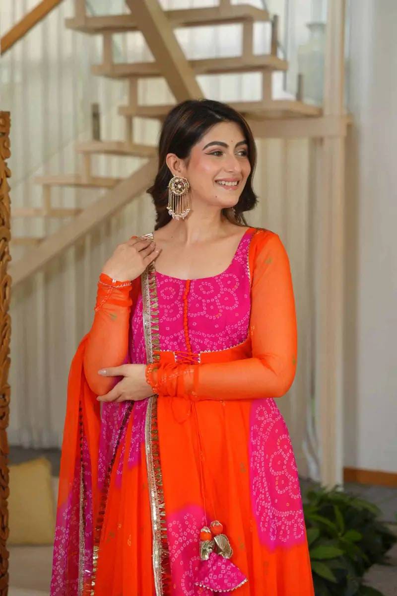 Orange & Hot Pink Bandhani Digital Print Anarkali Set - Western Wear - close-up detail view | Nardev Fashions