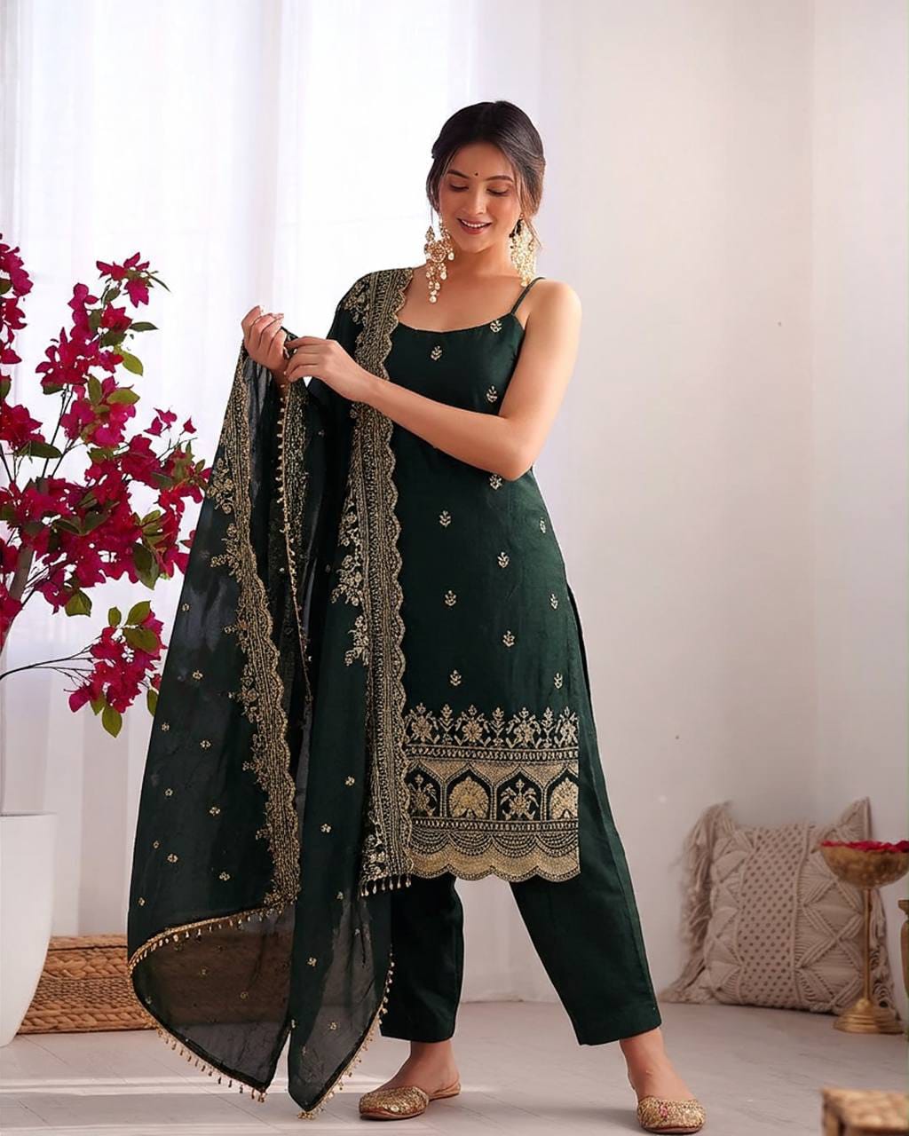 Bottle Green Fendi Silk Thread & Sequin Embroidered Kurti with Pant & Dupatta - Western Wear - front view | Nardev Fashions
