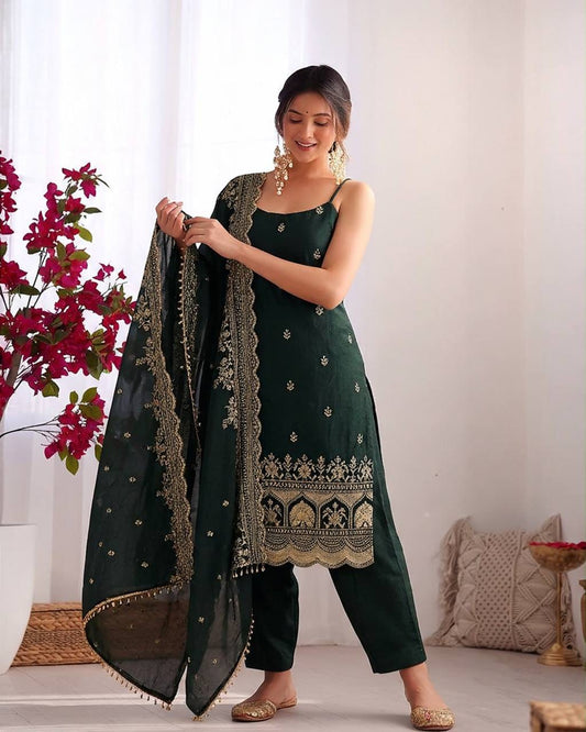 Bottle Green Fendi Silk Thread & Sequin Embroidered Kurti with Pant & Dupatta - Western Wear - front view | Nardev Fashions
