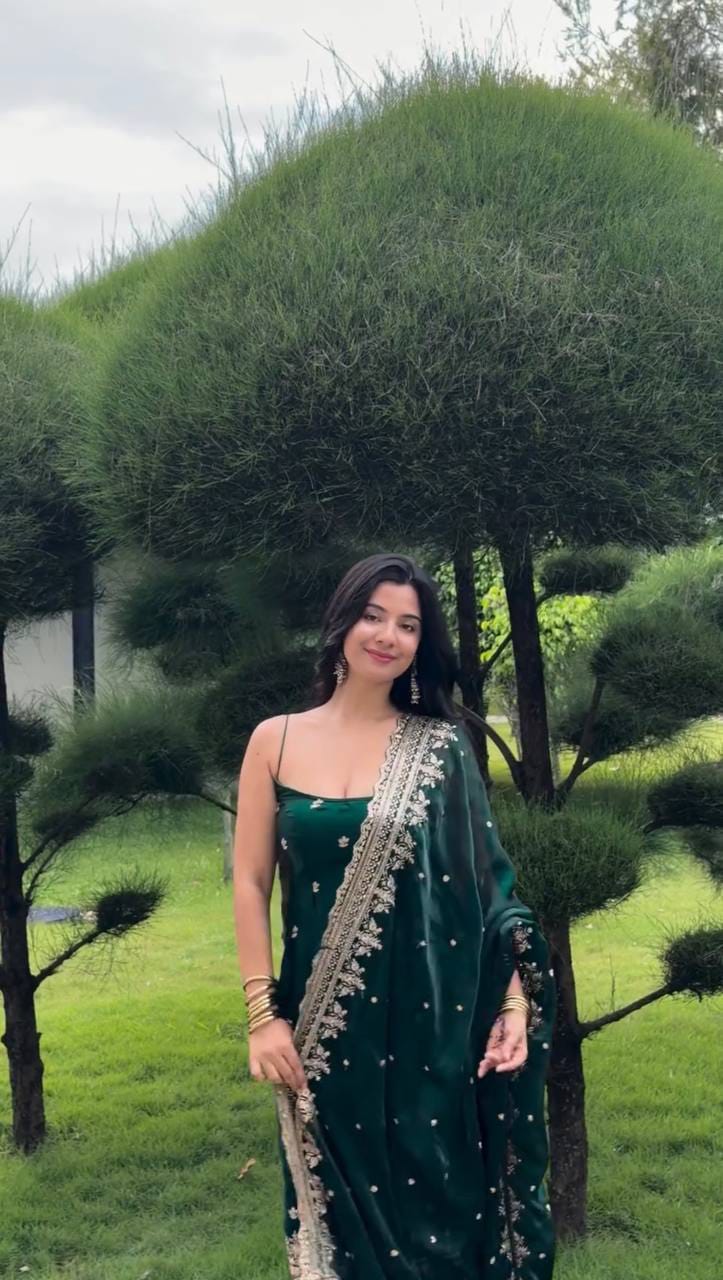 Bottle Green Fendi Silk Thread & Sequin Embroidered Kurti with Pant & Dupatta - Western Wear - close-up detail view | Nardev Fashions