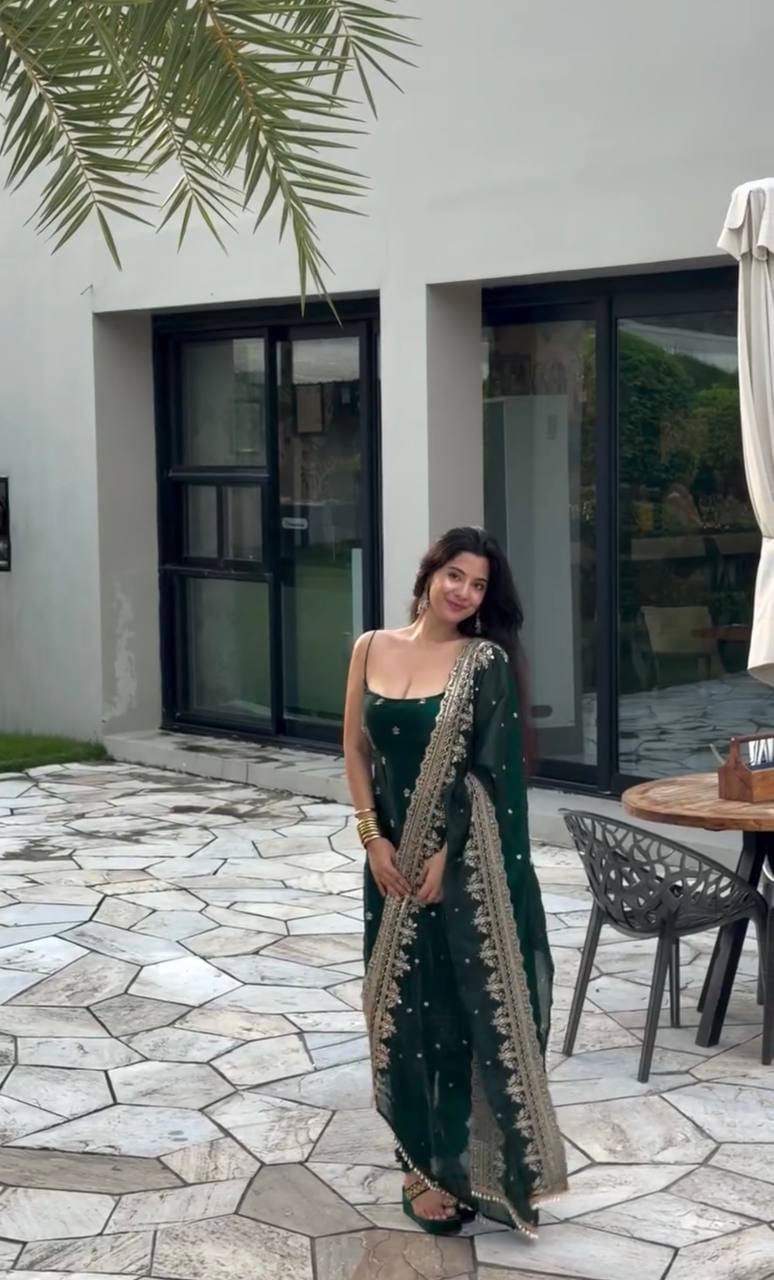 Bottle Green Fendi Silk Thread & Sequin Embroidered Kurti with Pant & Dupatta - Western Wear - back view | Nardev Fashions