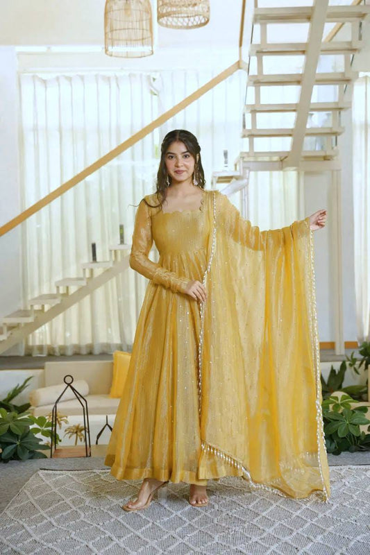 Mustard Yellow Salsa Silk Foil Work Gown with Pant & Dupatta - Western Wear - front view | Nardev Fashions