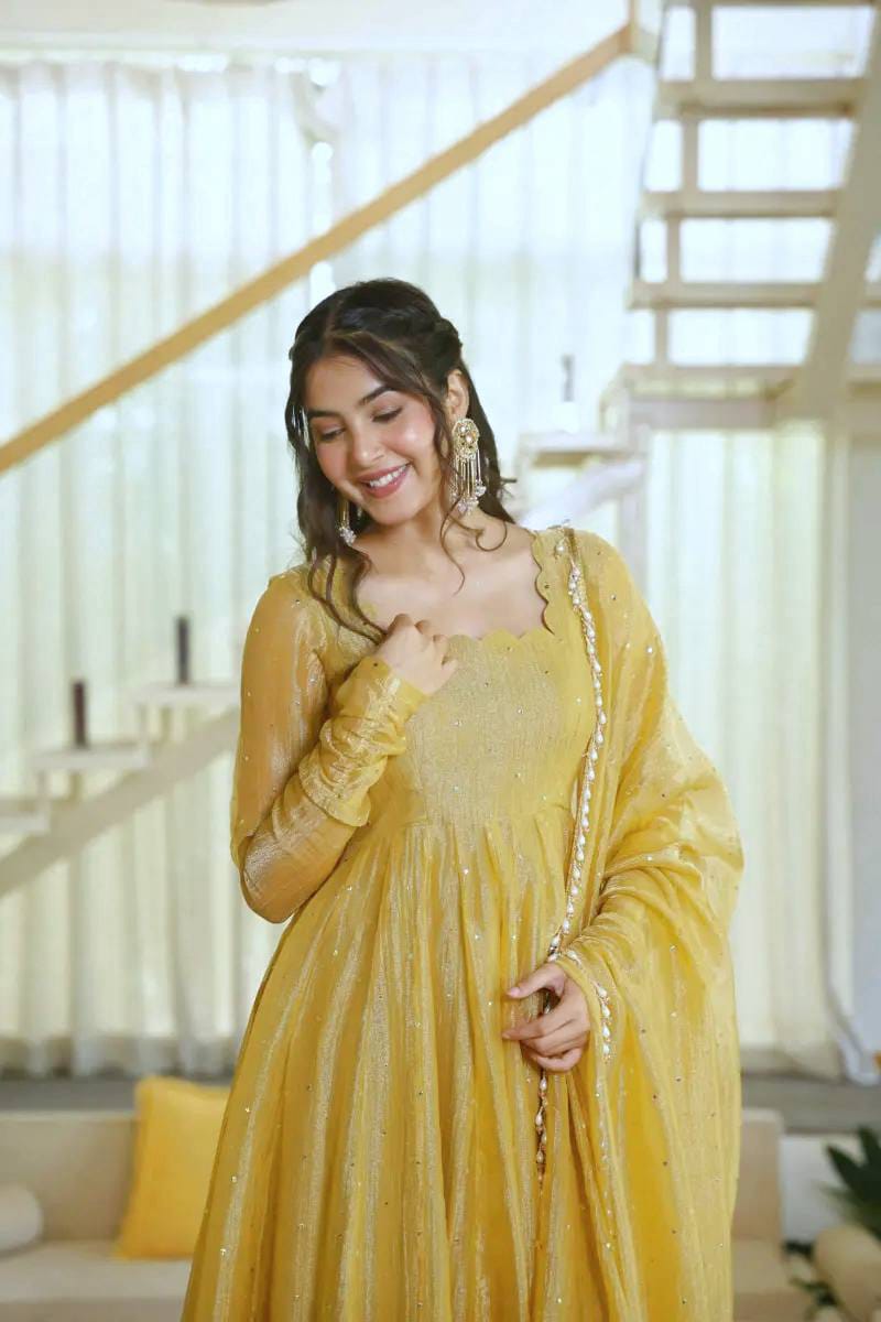 Mustard Yellow Salsa Silk Foil Work Gown with Pant & Dupatta - Western Wear - close-up detail view | Nardev Fashions