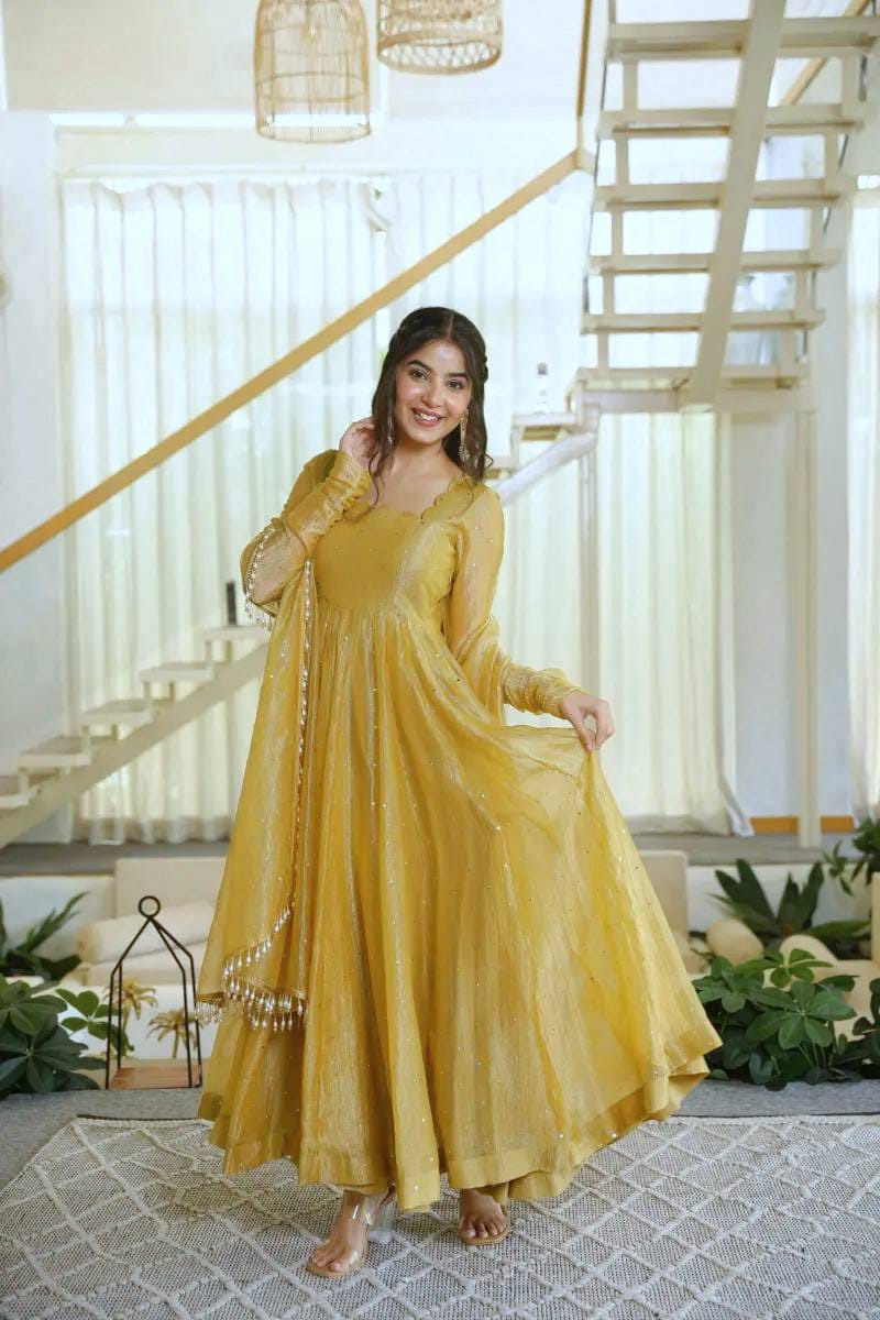 Mustard Yellow Salsa Silk Foil Work Gown with Pant & Dupatta - Western Wear - back view | Nardev Fashions