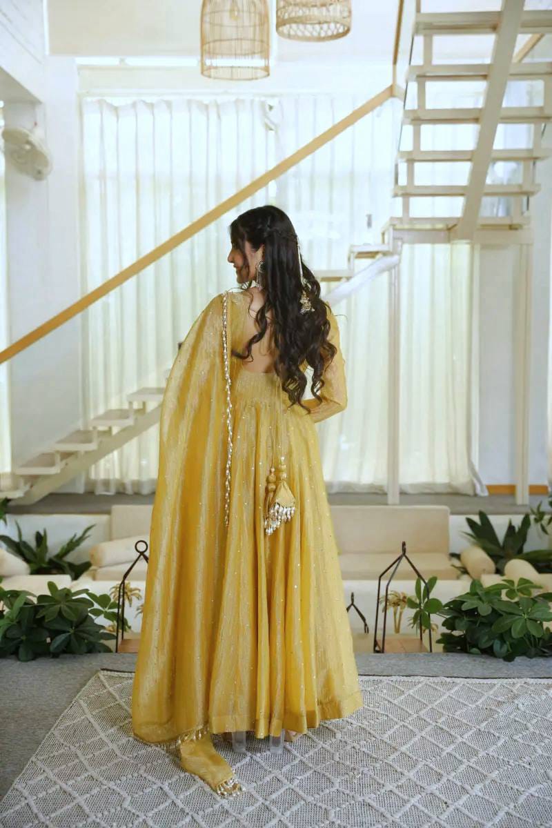 Mustard Yellow Salsa Silk Foil Work Gown with Pant & Dupatta - Western Wear - styled full look | Nardev Fashions