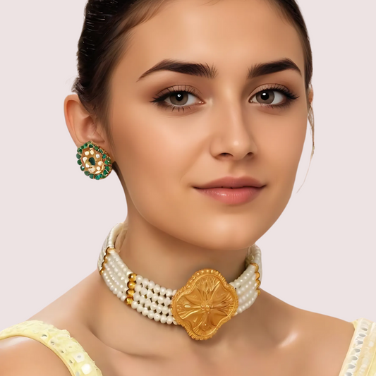 Women's Gold Pearl Necklace, Timeless Gold Necklace Set - Apparel - front view | Snazzyway