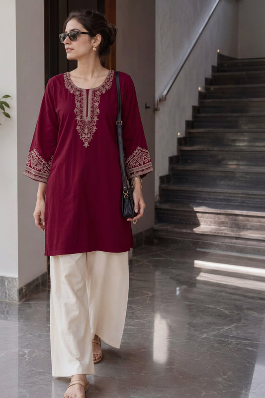 Maroon Heavy Rayon Embroidered Short Top with Palazzo - Western Wear - front view | Nardev Fashions