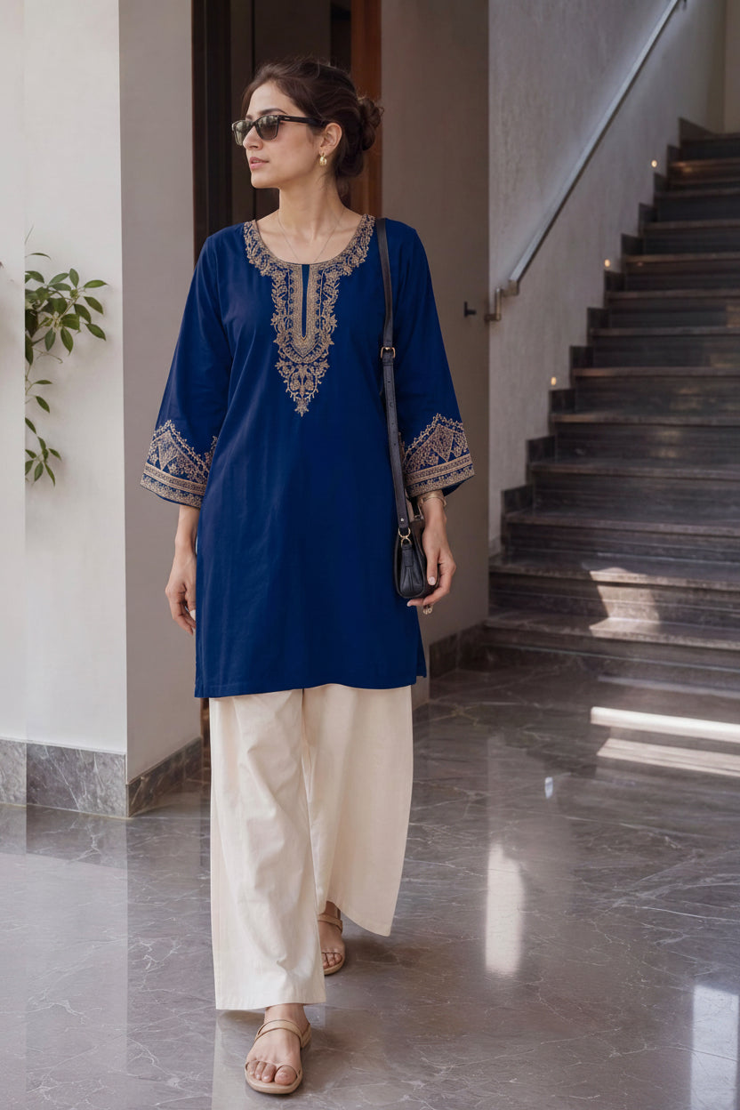 Teal Blue Heavy Rayon Embroidered Short Top with Palazzo - Western Wear - front view | Nardev Fashions