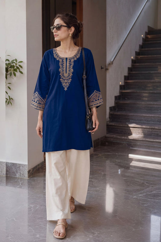 Teal Blue Heavy Rayon Embroidered Short Top with Palazzo - Western Wear - front view | Nardev Fashions