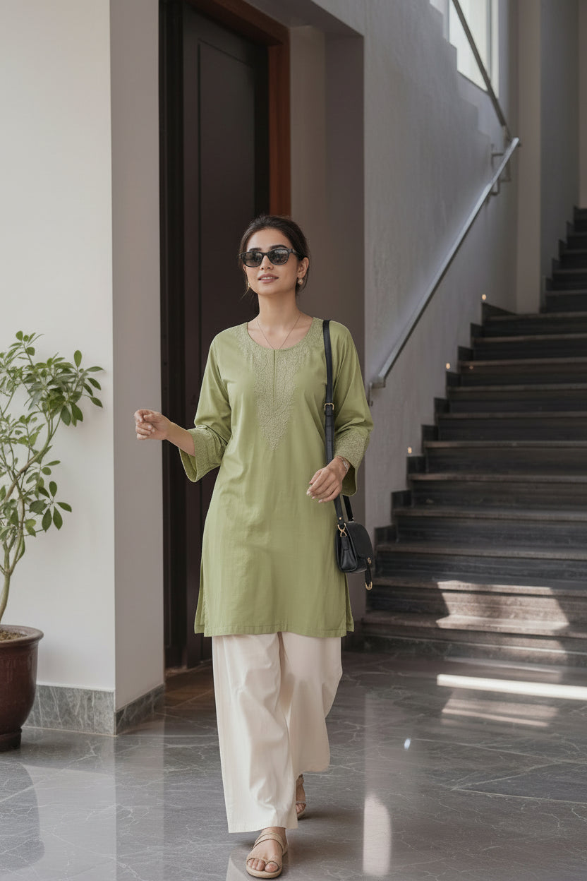 Pista Green Heavy Rayon Embroidered Short Top with Palazzo - Western Wear - front view | Nardev Fashions