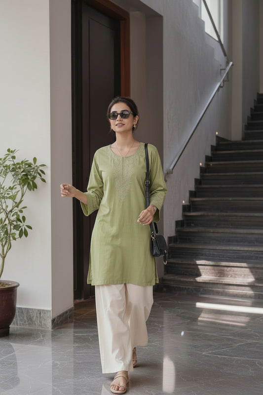 Pista Green Heavy Rayon Embroidered Short Top with Palazzo - Western Wear - front view | Nardev Fashions
