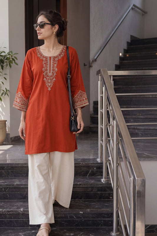 Rust Heavy Rayon Embroidered Short Top with Palazzo - Western Wear - front view | Nardev Fashions
