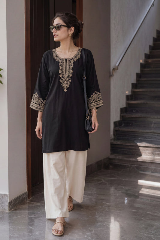 Black Heavy Rayon Embroidered Short Top with Palazzo - Western Wear - front view | Nardev Fashions