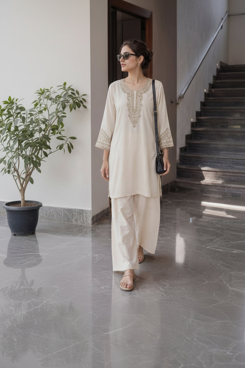 Cream Heavy Rayon Embroidered Short Top with Palazzo - Western Wear - front view | Nardev Fashions