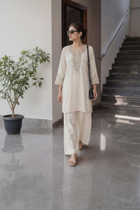 Cream Heavy Rayon Embroidered Short Top with Palazzo - Western Wear - front view | Nardev Fashions