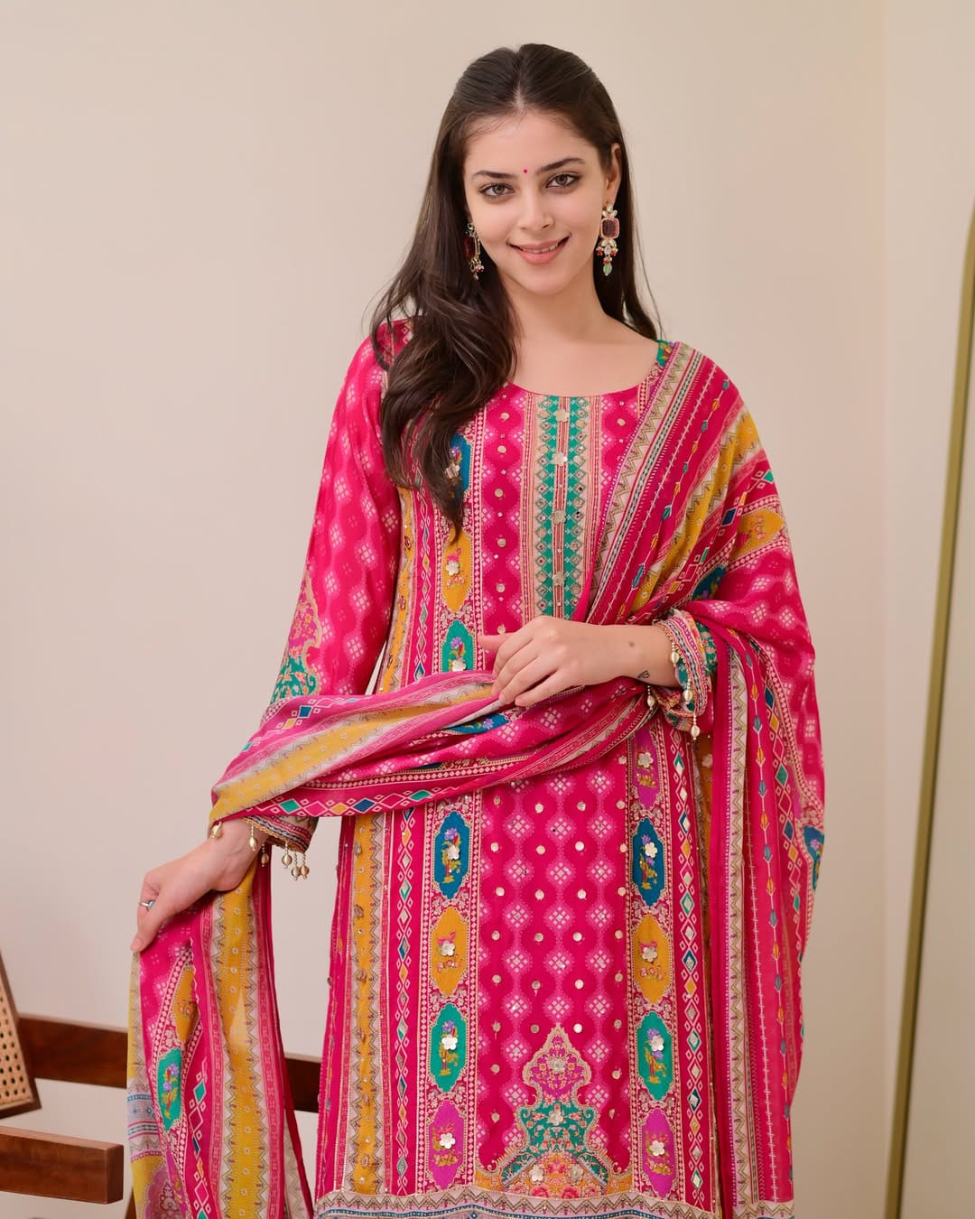Hot Pink Chinon Patola Print Anarkali Kurti with Palazzo & Dupatta - Western Wear - front view | Nardev Fashions