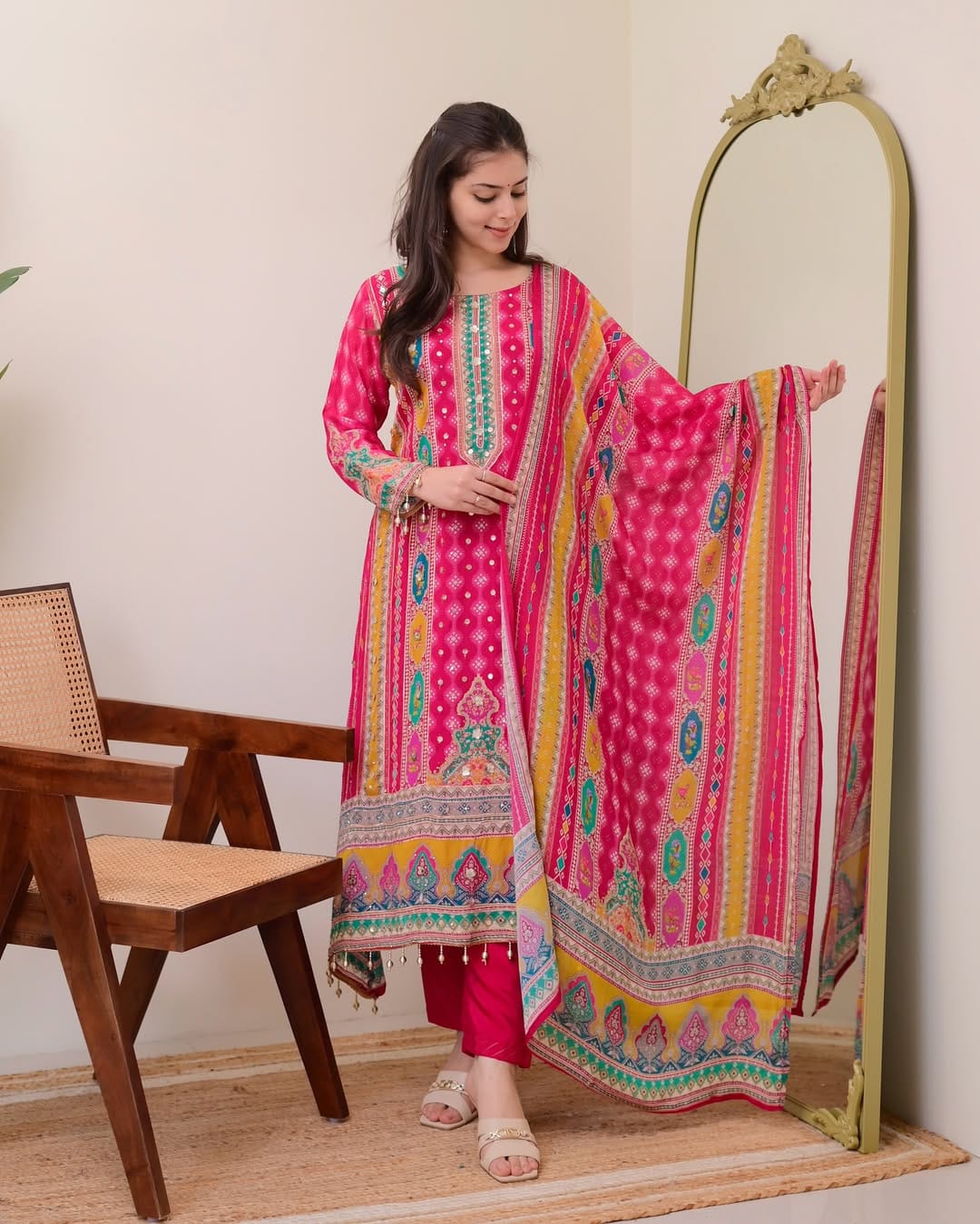 Hot Pink Chinon Patola Print Anarkali Kurti with Palazzo & Dupatta - Western Wear - close-up detail view | Nardev Fashions