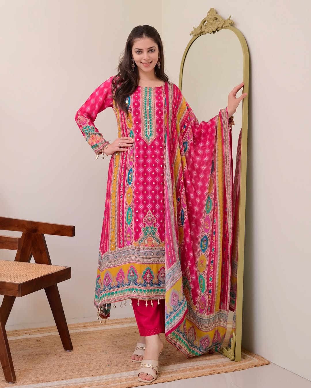 Hot Pink Chinon Patola Print Anarkali Kurti with Palazzo & Dupatta - Western Wear - back view | Nardev Fashions