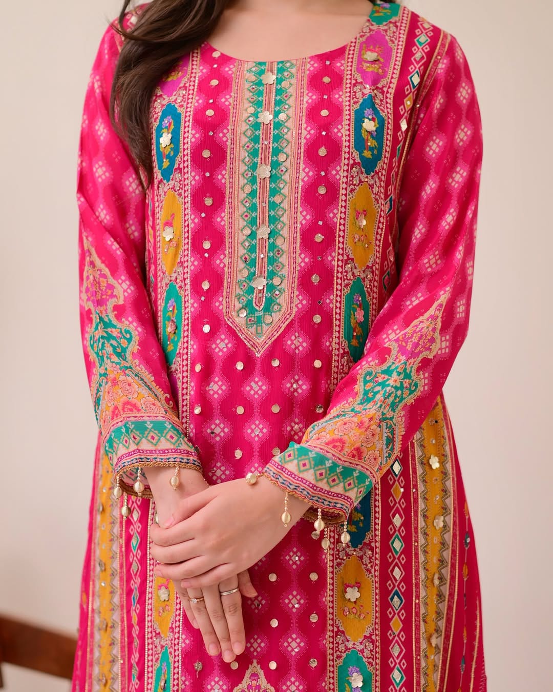 Hot Pink Chinon Patola Print Anarkali Kurti with Palazzo & Dupatta - Western Wear - styled full look | Nardev Fashions