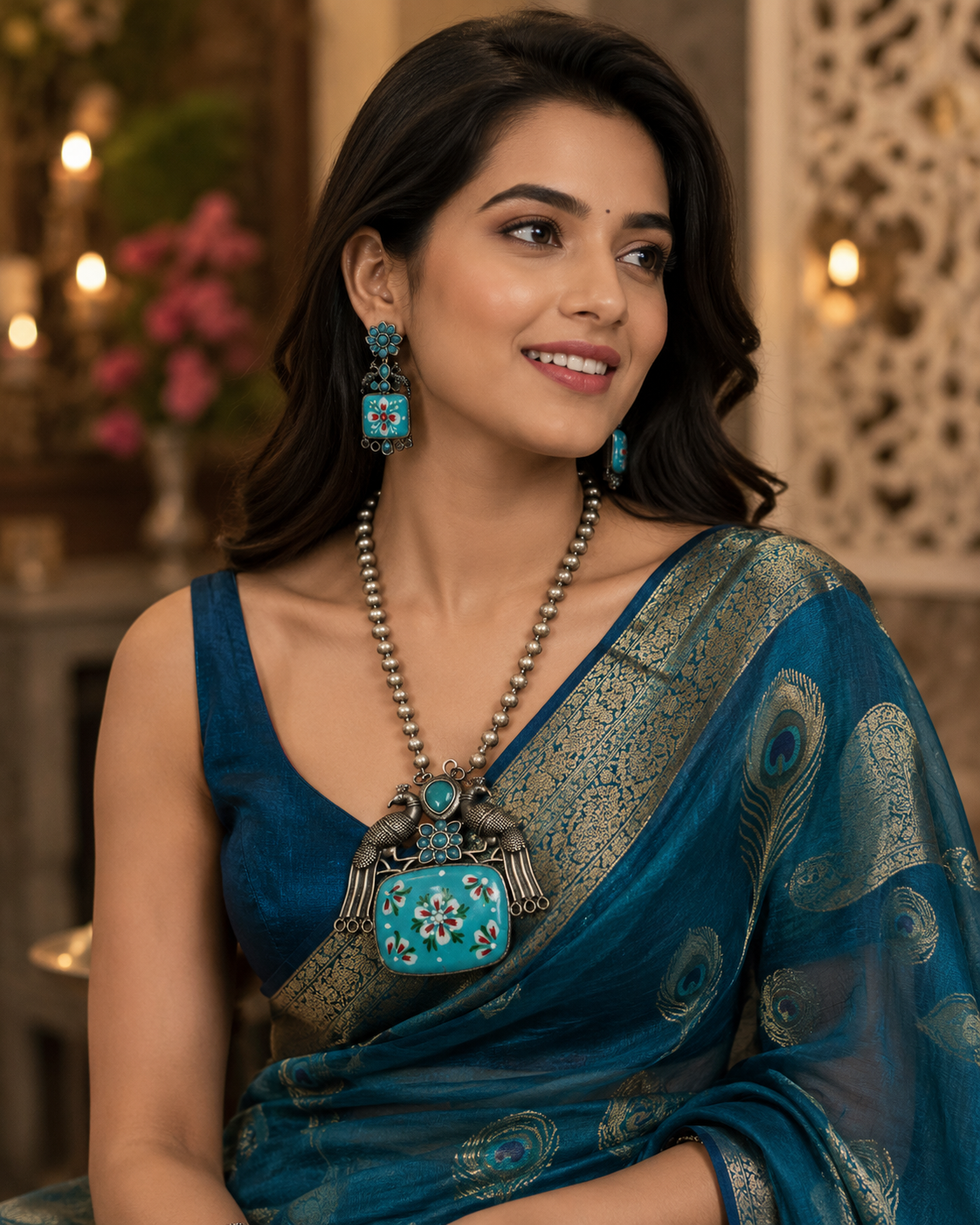 Women's Traditional Best Hand Painted Peacock Necklace Set - front view | D9 Creations